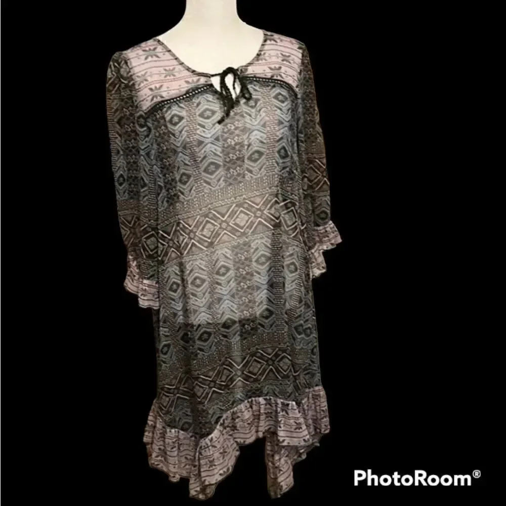 Sun & Shadow sz S black & blue print ruffled hem & sleeves swimsuit coverup GUC